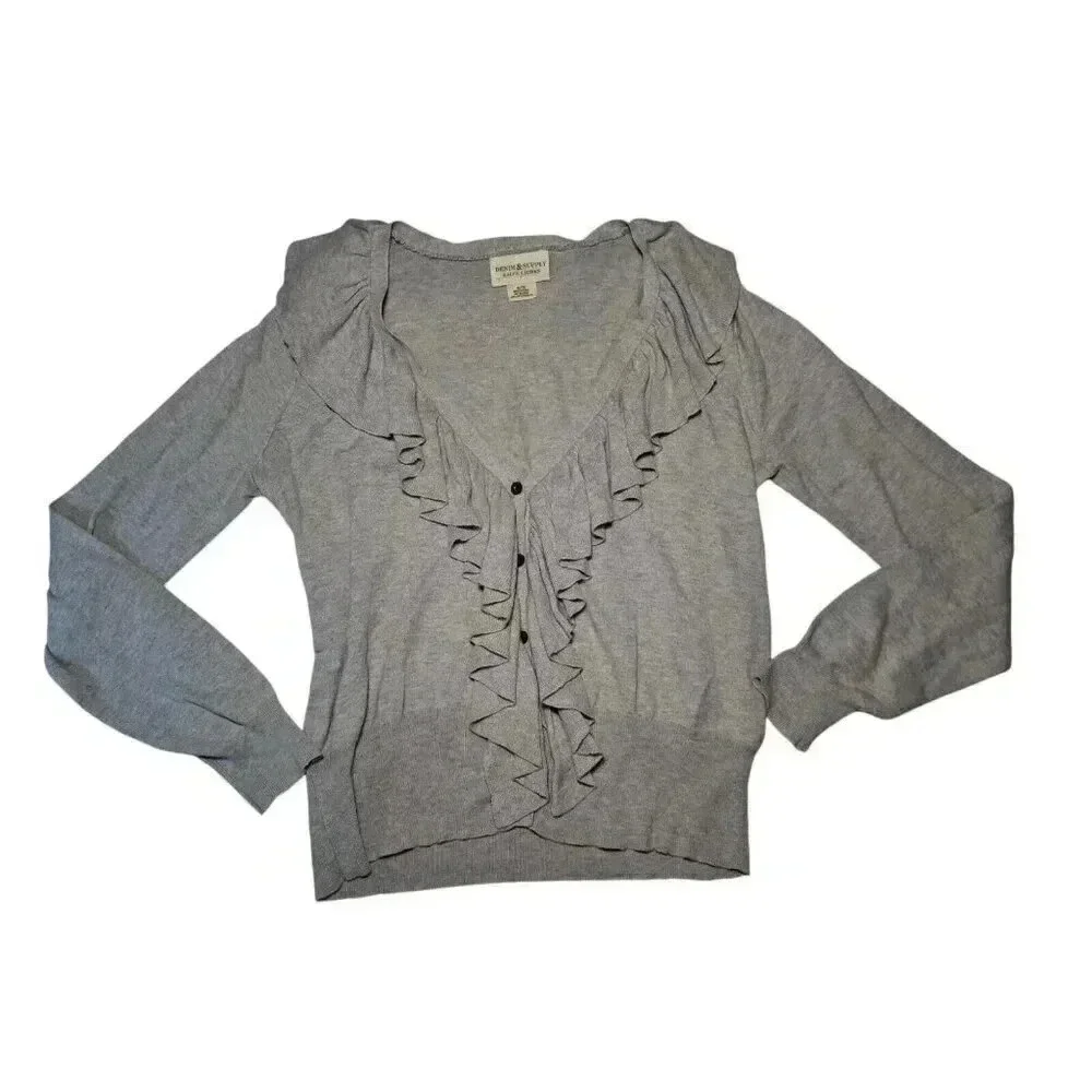 Denim & Supply Ralph Lauren Size XL Gray Ruffle Button Up Cardigan Sweater